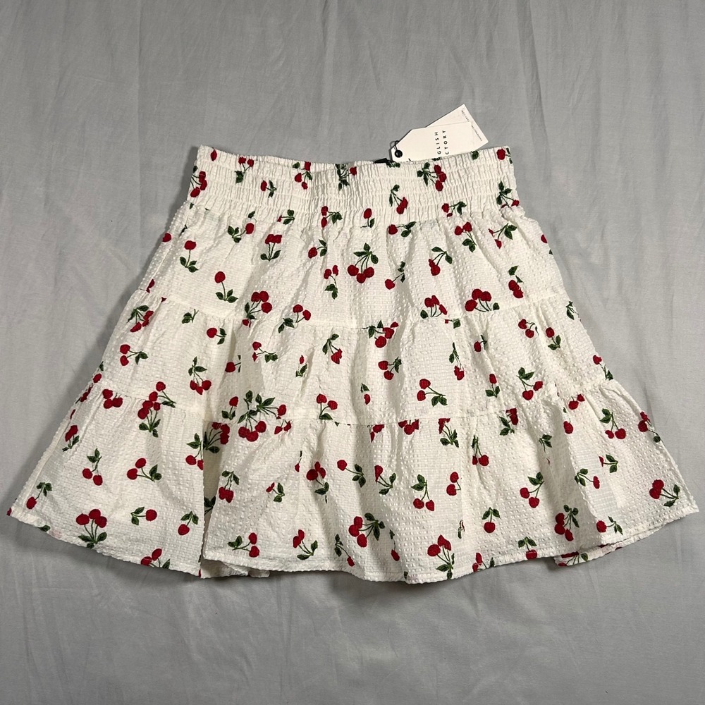 English Factory White Cherry Print Mini Skirt Smocked Waist Textured Women's M